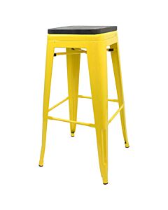 Tolix Style 76cm Bar Height Stool Yellow with Wooden Seat