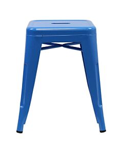 Profile view of Blue Tolix Low Stool