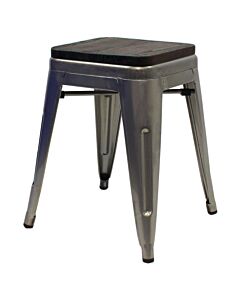 Profile view of Industrial Grey Tolix Low Stool with Walnut Wooden Seat