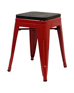 Tolix Style 46cm Low Stool Red with Wooden Seat