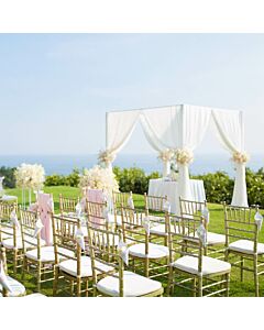 Profile view of Gold Chiavari Banqueting Chair with Red Seat Pad