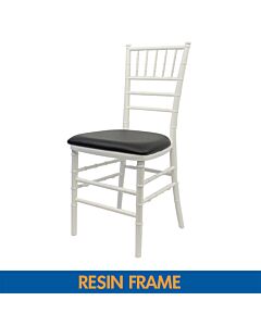 Profile View of White Resin Chiavari Banqueting Chair with Black Vinyl Seat Pad