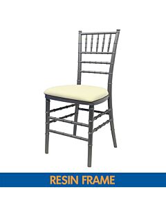 Profile View of Silver Resin Chiavari Banqueting Chair with Ivory Vinyl Seat Pad