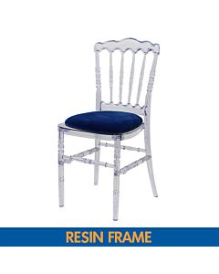 Profile View of Resin Napoleon Banqueting Chair with Blue Seat Pad