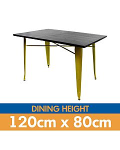 Tolix Style Dining Table - 120cm x 80cm Rectangle - Gloss Yellow with Dark Oak Top