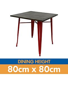 Tolix Style Dining Table - 80cm Square - Gloss Red with Wooden Top - Dark Oak