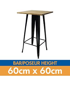 Tolix Style Bar Table - 60cm Square - Gloss Black with Wooden Top - Light Oak