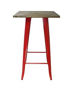 Tolix Style Bar Table - 60cm Square - Gloss Red with Wooden Top - Dark Oak