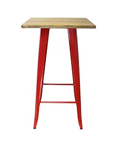 Tolix Style Bar Table - 60cm Square - Gloss Red with Wooden Top - Light Oak