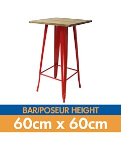Tolix Style Bar Table - 60cm Square - Gloss Red with Wooden Top - Light Oak