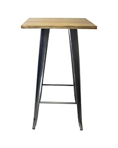 Tolix Style Bar Table - 60cm Square - Gloss Gun Metal Grey with Wooden Top - Light Oak
