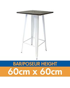 Tolix Style Bar Table - 60cm Square - Gloss White with Wooden Top - Dark Oak