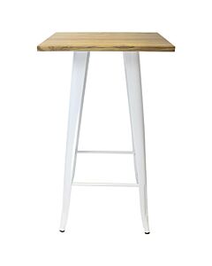 Tolix Style Bar Table - 60cm Square - Gloss White with Wooden Top - Light Oak