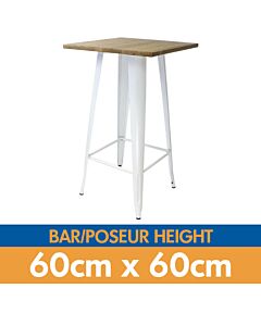 Tolix Style Bar Table - 60cm Square - Gloss White with Wooden Top - Light Oak