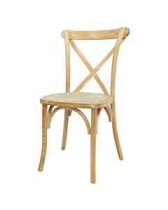 Profile view of Oak Frame Distressed Finish Crossback Banqueting Chair with Rattan Seat Pad