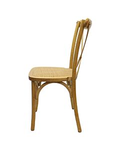 Profile view of Oak Frame Distressed Finish Crossback Banqueting Chair with Rattan Seat Pad