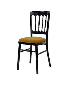 Profile view of Black  Cheltenham Banqueting Chair with Gold Seat Pad