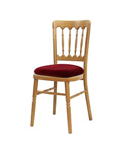 Profile view of Natural Cheltenham Banqueting Chair with Red Seat Pad